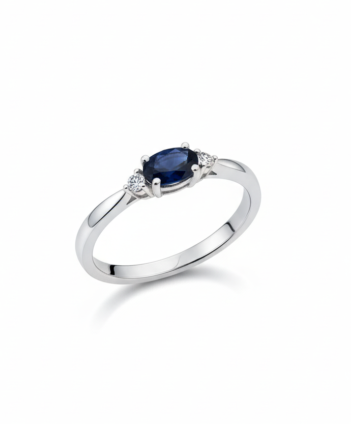 ANEL OURO BRANCO 18K SAFIRA E BRILHANTE