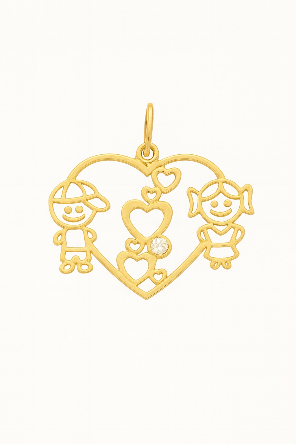 PINGENTE 18K ZIRC 1 MENINA 1 MENINO CORAÇÃO