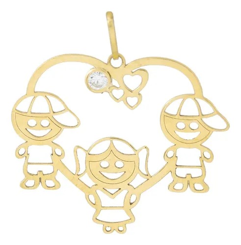 PINGENTE 18K ZIRC 2 MENINOS 1 MENINA CORAÇÃO
