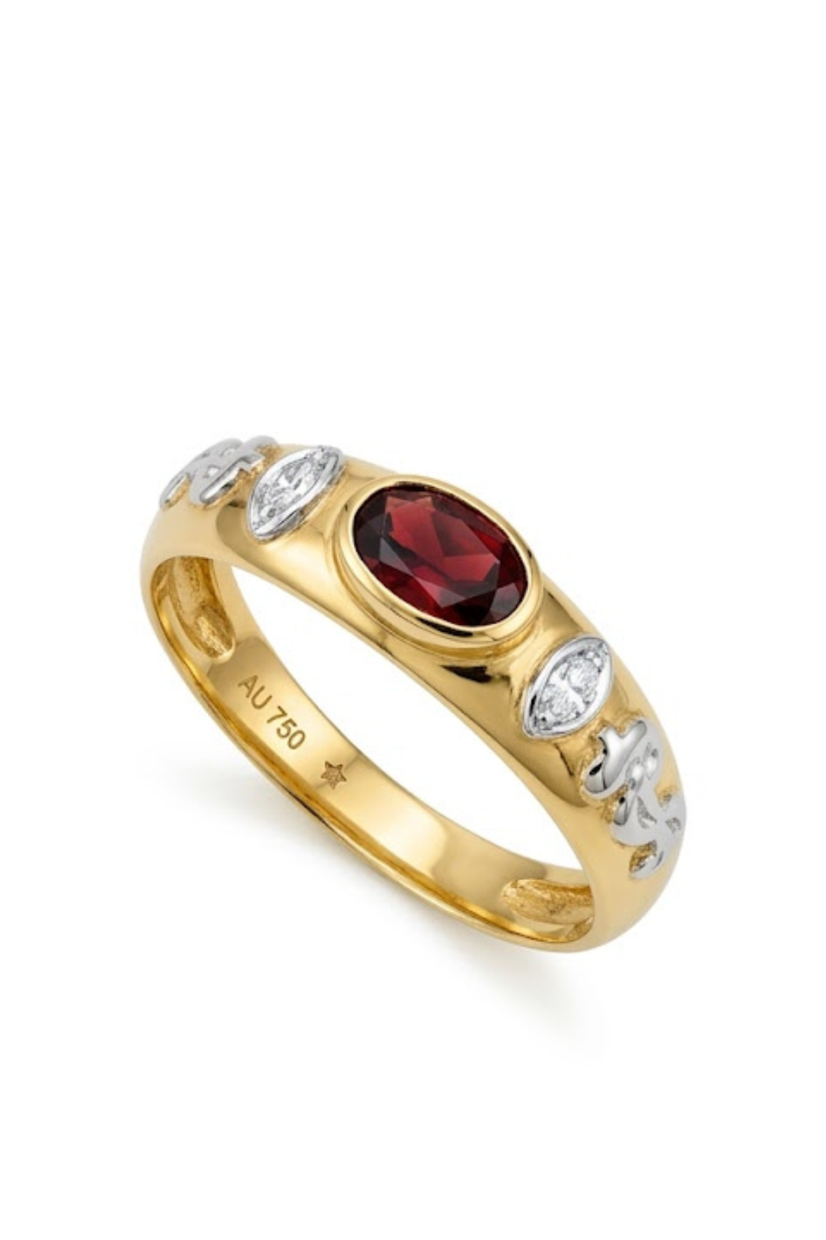 ANEL 18K – BRILHANTE COM GRANADA. CURSO: ODONTOLOGIA.